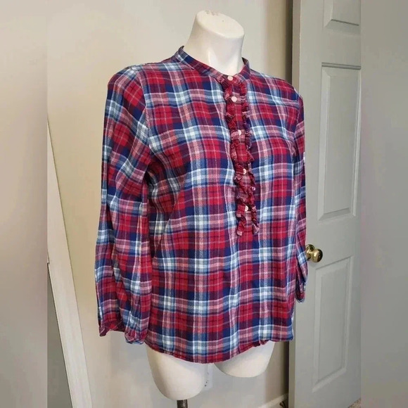 J.Crew Mercantile Preppy Chic Flannel Plaid Ruffle Cotton Popover Blouse(M) - Picture 3 of 9